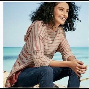 Soft Surroundings Marlow Red & Cream Striped Hooded Sweatshirt Size S